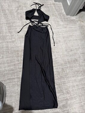 Fashion Nova Black Backless Halter cutout Maxi Dress with slit xs
